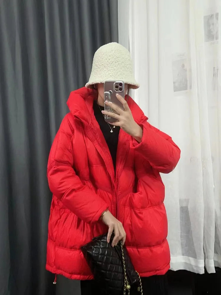 New Winter Jacket Women Parkas Hooded Coat Korean Drawstring Zipper Loose Coat Pockets Thicken Warm Casual Coats Trend A49