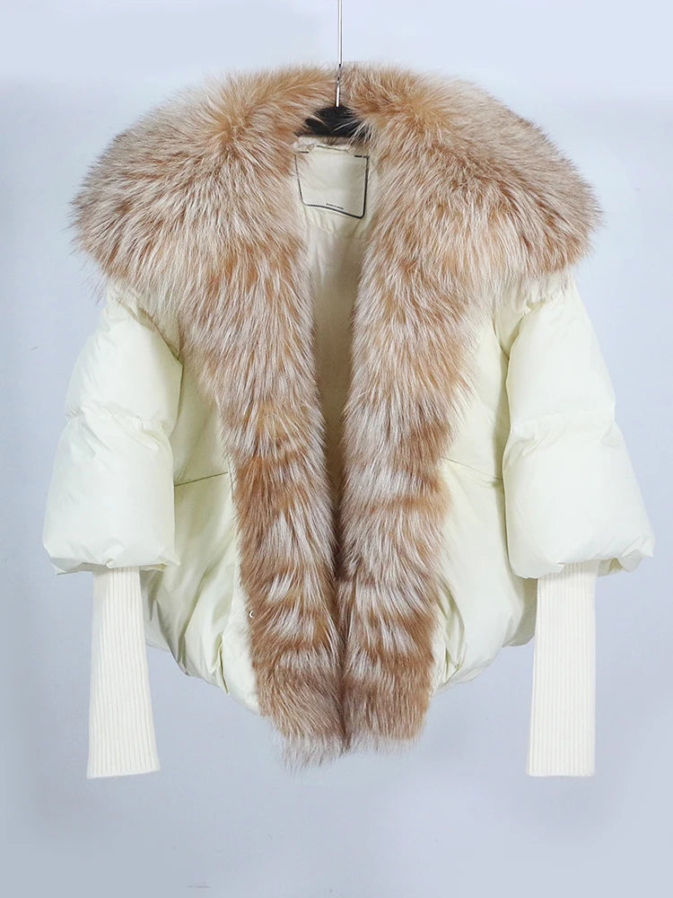 OFTUBY 2023 White Duck Down Jacket Winter Women Warm Loose Coat Natural Real Fox Fur Collar Thick Luxury Outerwear New Fashion