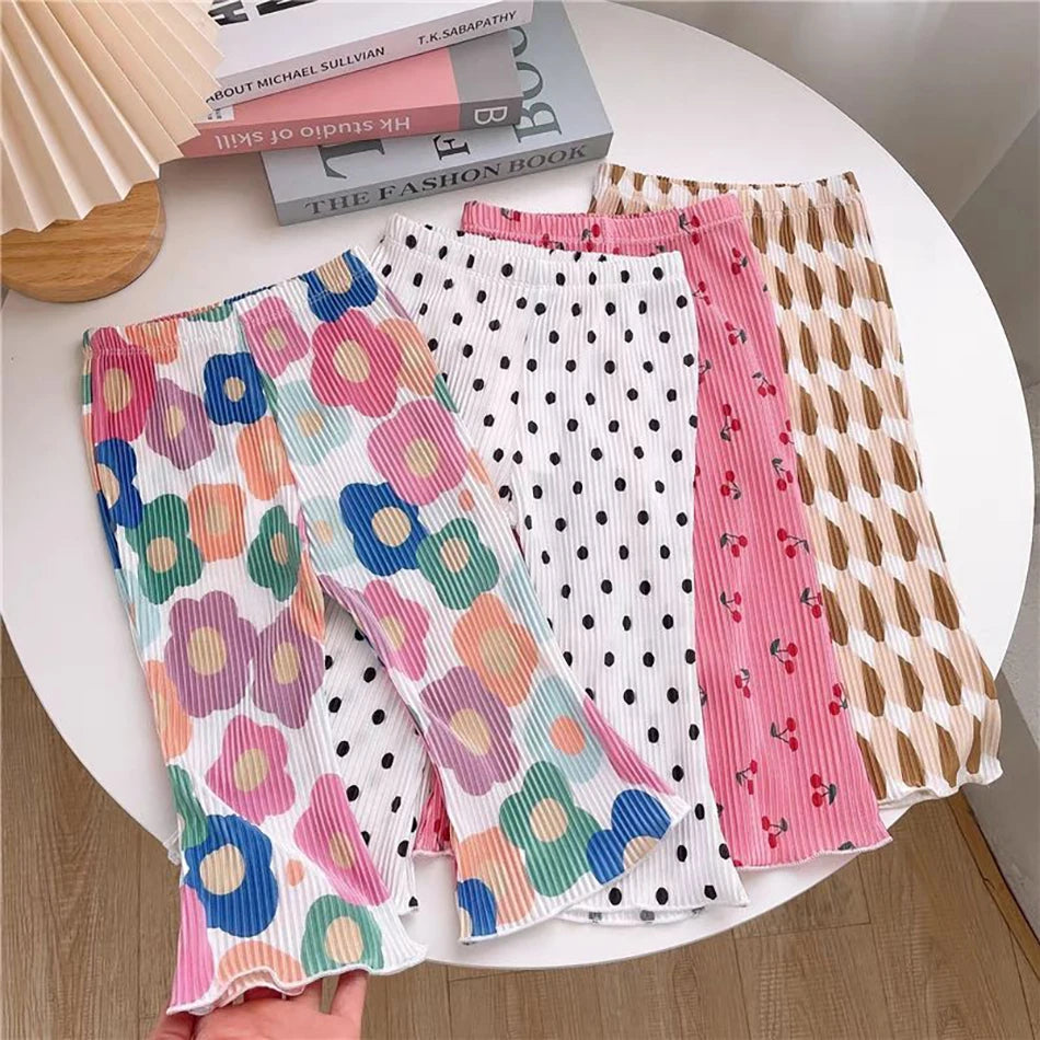 Elegant Playful Girls Floral Polka Dot Flared Pants Summer Autumn Outdoor Casual Bottoms Children Kids Cartoon Fashion Capris