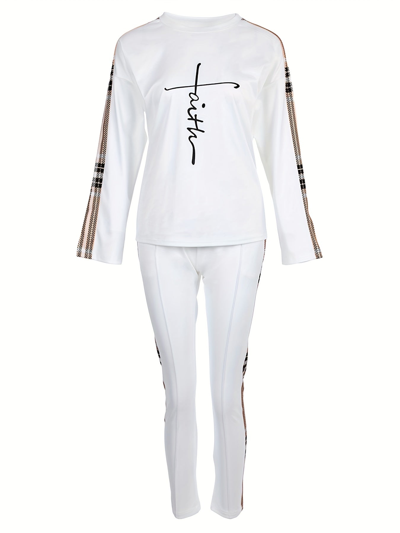Trendy Two-Piece Plaid Panel Set - Long Sleeve Faith Print Tee with Slim Fit Elastic Waist Pants - Women's Casual Outfit for Daily Wear, Autumn and Winter Seasons