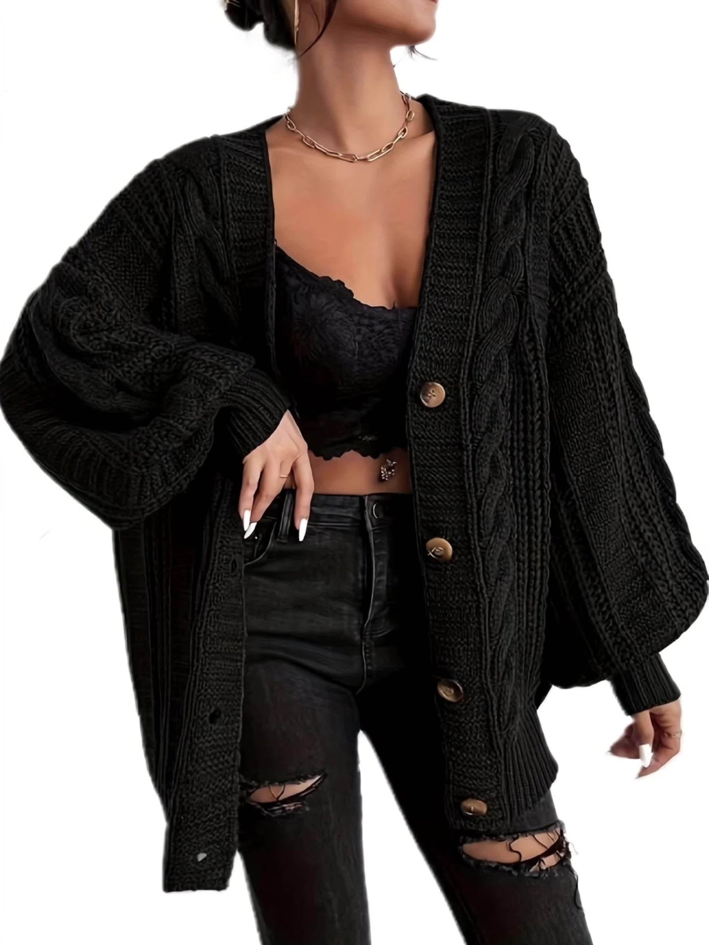 [Long Solid Color French Cardigan] Women'S Casual French Style Solid Color Knit Cardigan, Polyester 100%, Deep V Neck, Long Length, Loose Fit, Button Front, Fall/Winter Knit Fabric Outerwear