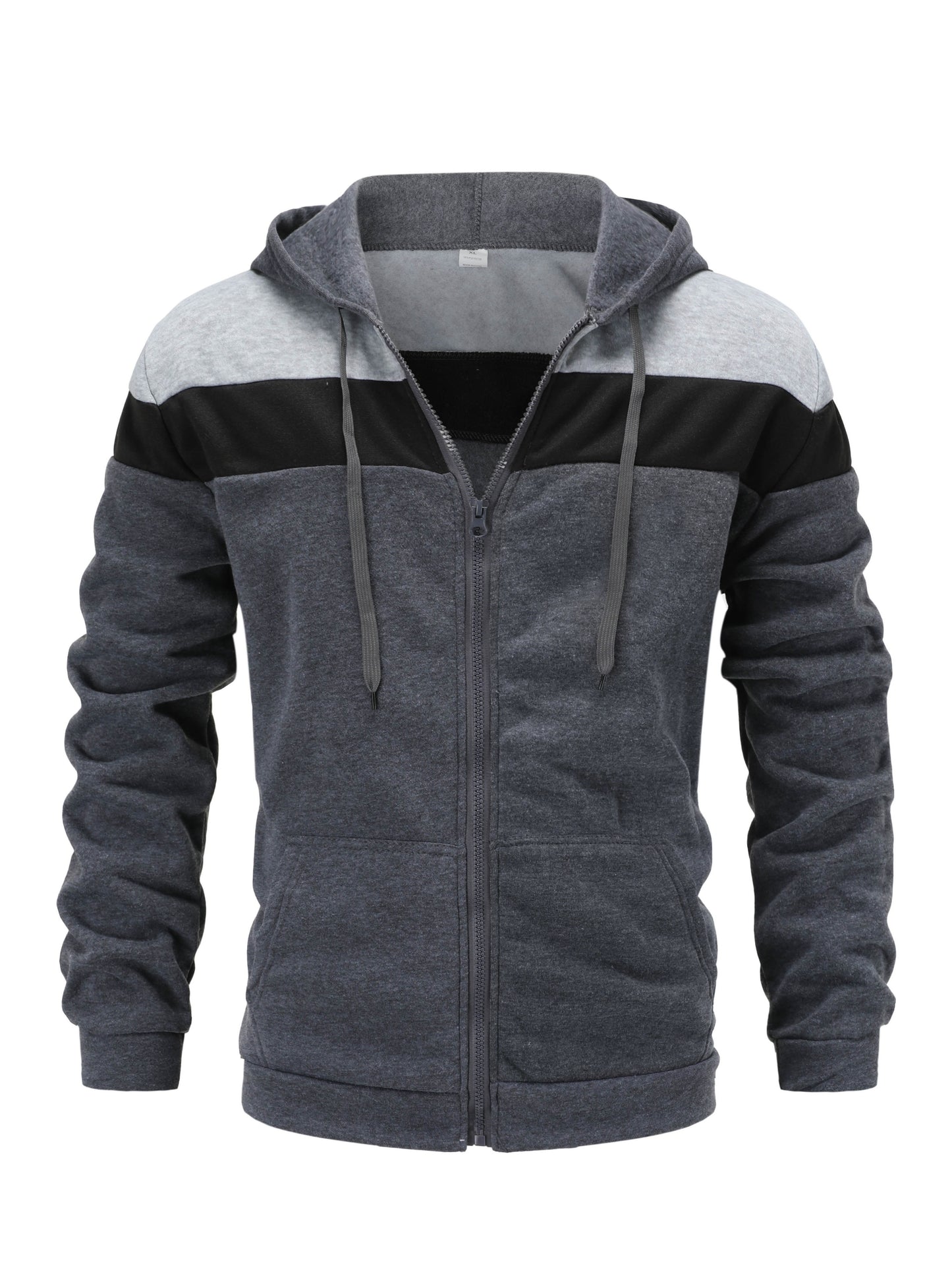 Men'S Casual Hooded Sweatshirt, Solid Color Zip-Up Pullover, Long Sleeve Polyester Knit Fabric, Regular Fit with Slight Stretch, 160gsm - Autumn/Winter Fashion
