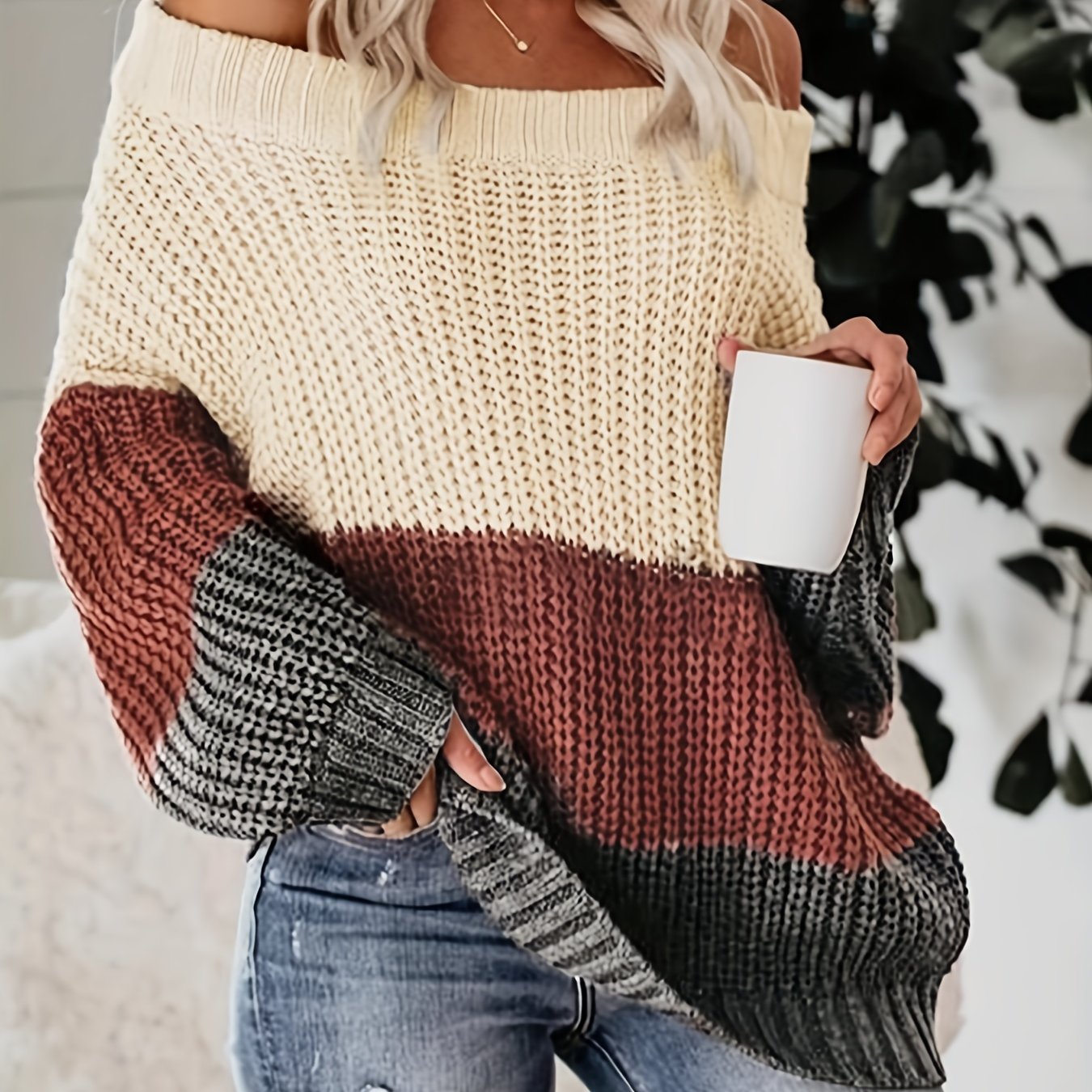 Fall/Winter Chic: Off-Shoulder Color Block Knit Sweater - Casual, Comfy, and Stylish Long Sleeve Top