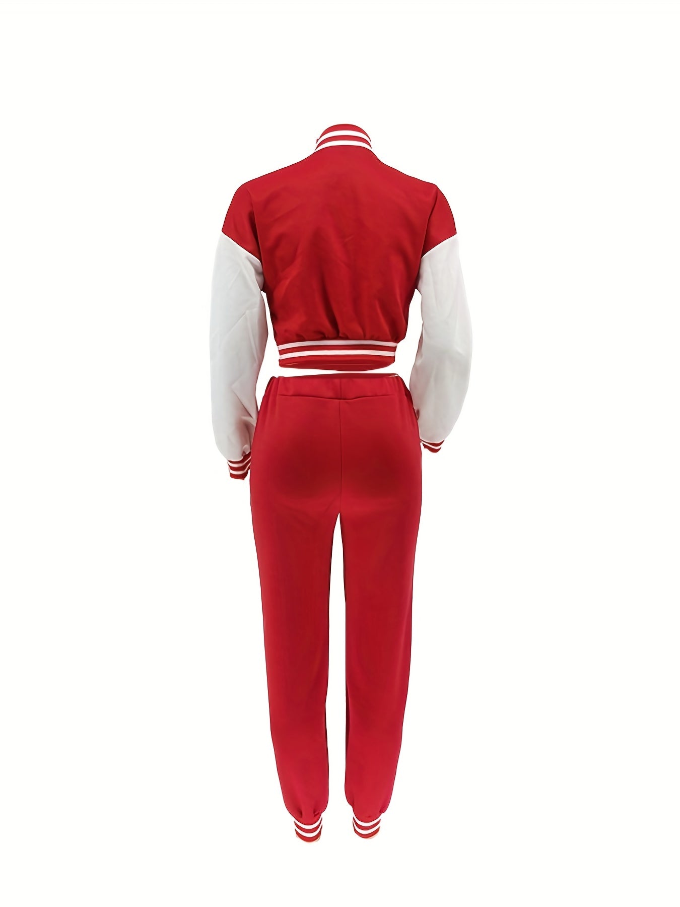 Chic, Women's Casual Letter Print Baseball Jacket and Pants Set - Red and White, Polyester Blend, Machine Washable, Fall/Winter Fashion Ensemble