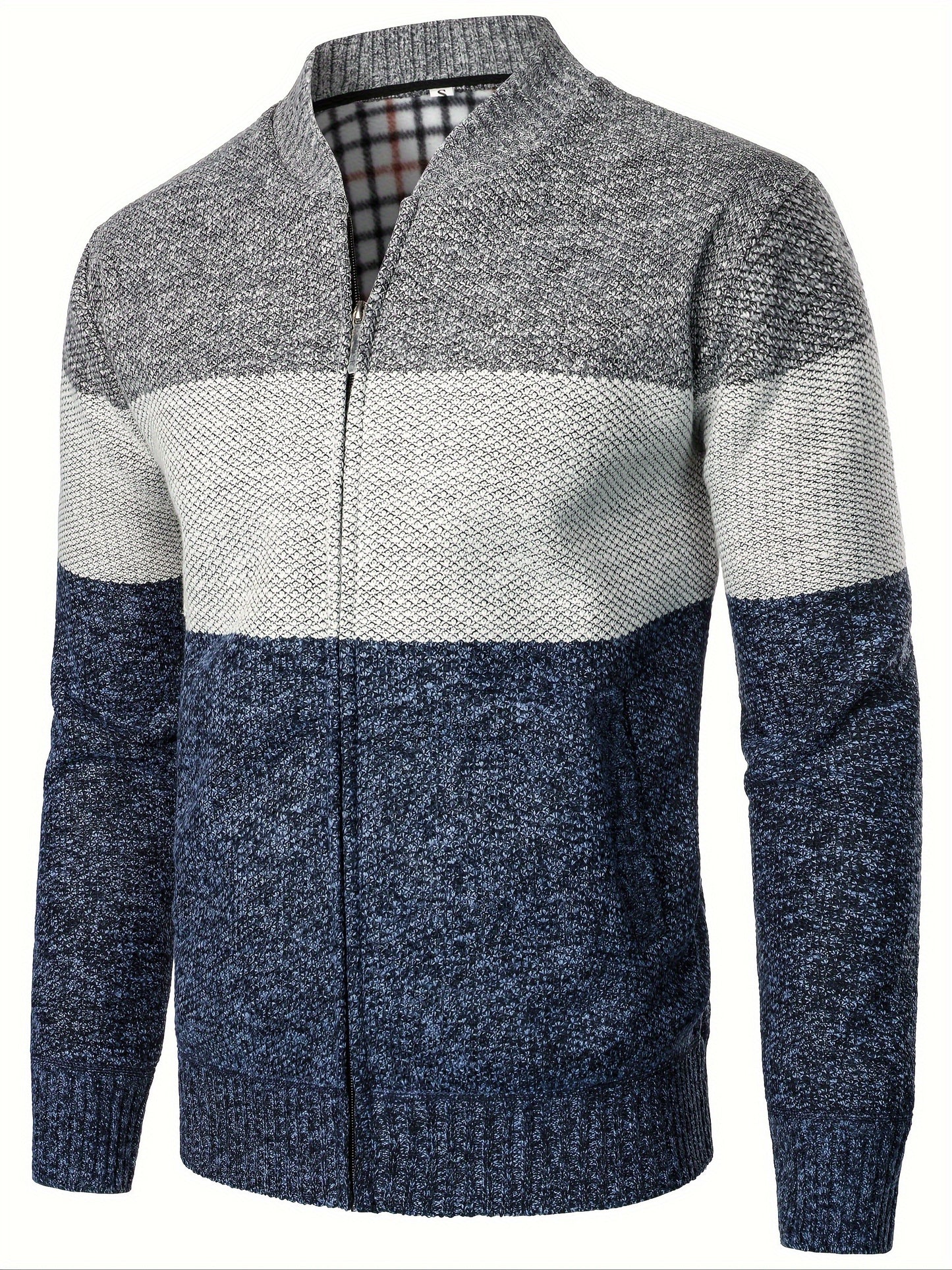 Men'S Casual High Neck Fleece Jacket, Color Block Knit Polyester Cardigan, Mid Stretch Zip-Up Fall/Winter Outerwear, Regular Fit with Placket Closure, Thick