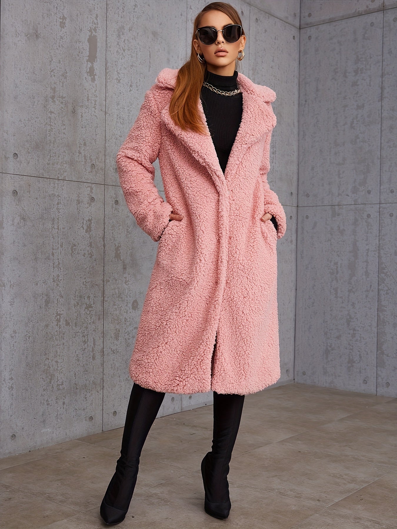 Women's Plush Winter Coat with Elegant Lapel Neck and Long Sleeves