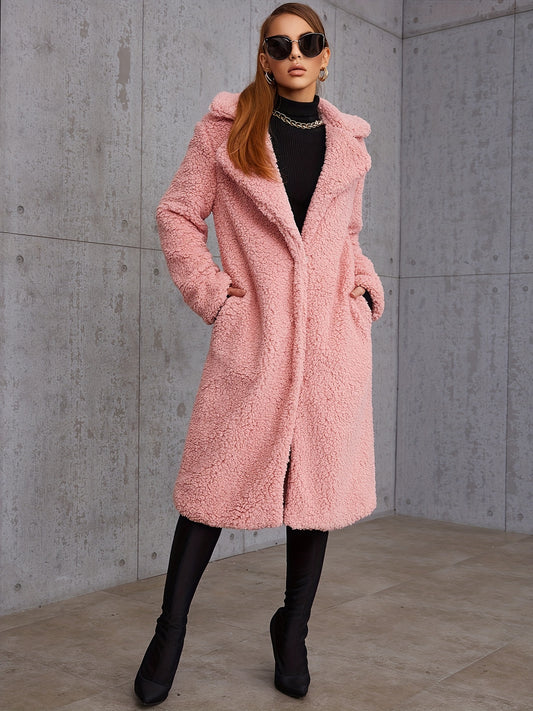 Women's Plush Winter Coat with Elegant Lapel Neck and Long Sleeves