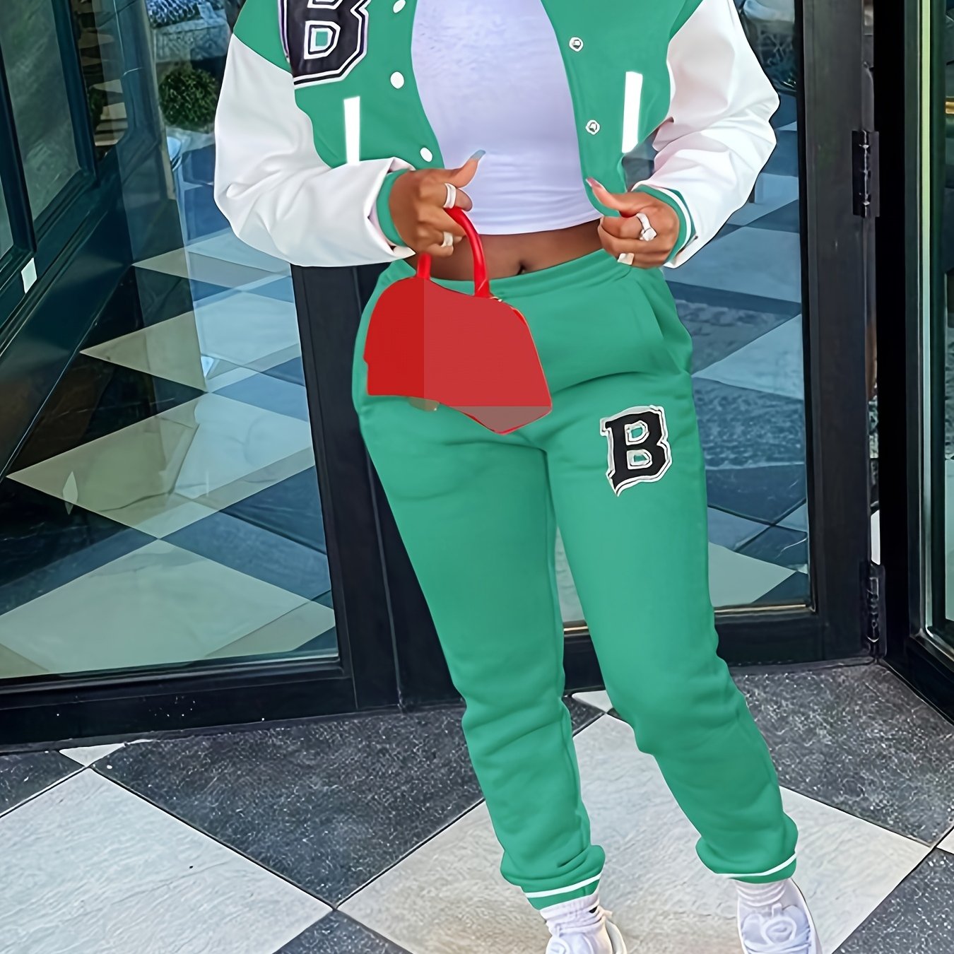 Chic, Women's Casual Letter Print Baseball Jacket and Pants Set - Red and White, Polyester Blend, Machine Washable, Fall/Winter Fashion Ensemble