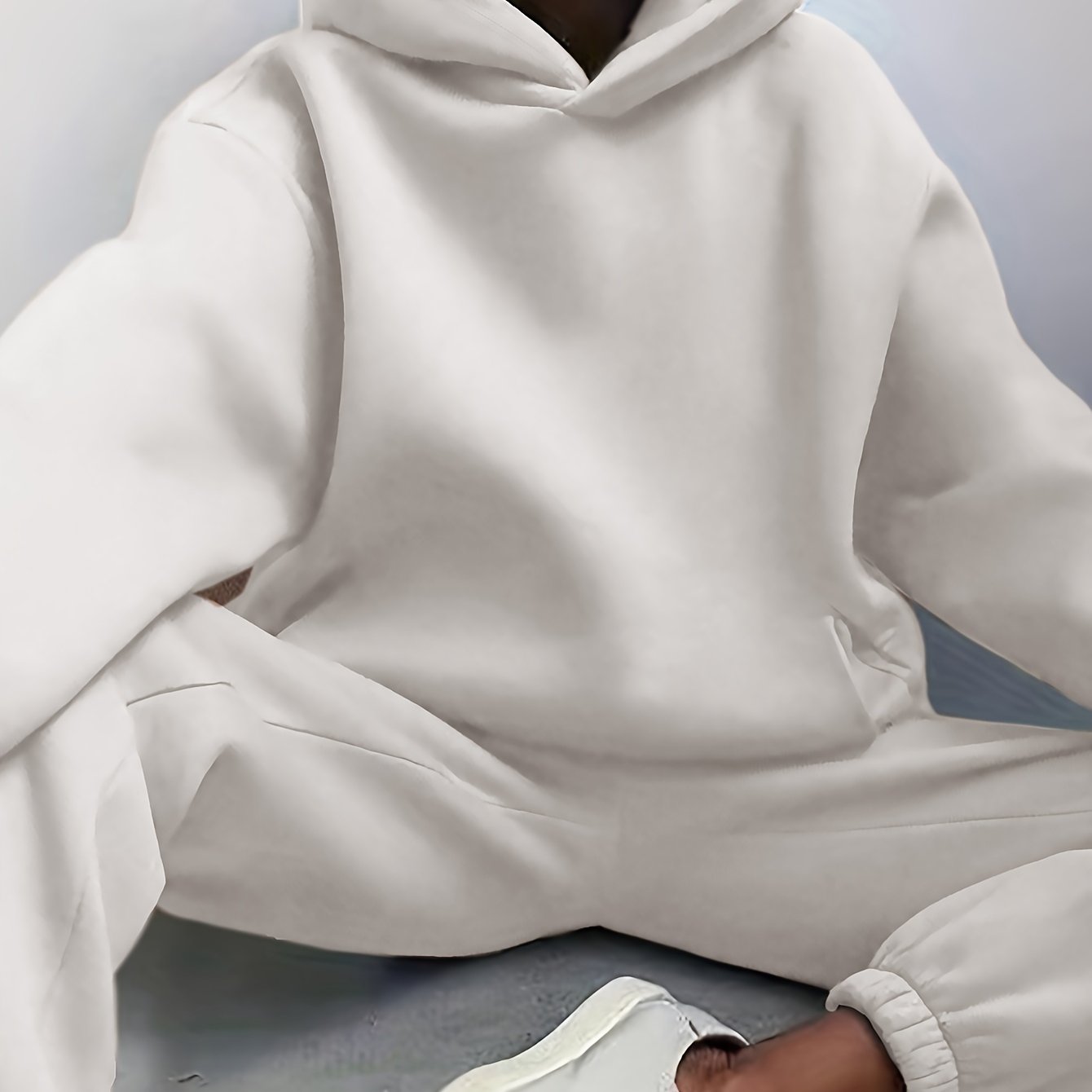 Two-Piece Hooded Set - Soft Polyester Knit Fabric, Drop Shoulder Long Sleeve Hoodie with Pocket, Elastic Waist Jogger Pants for Women, Casual Solid Color Outfit for Fall and Winter Seasons