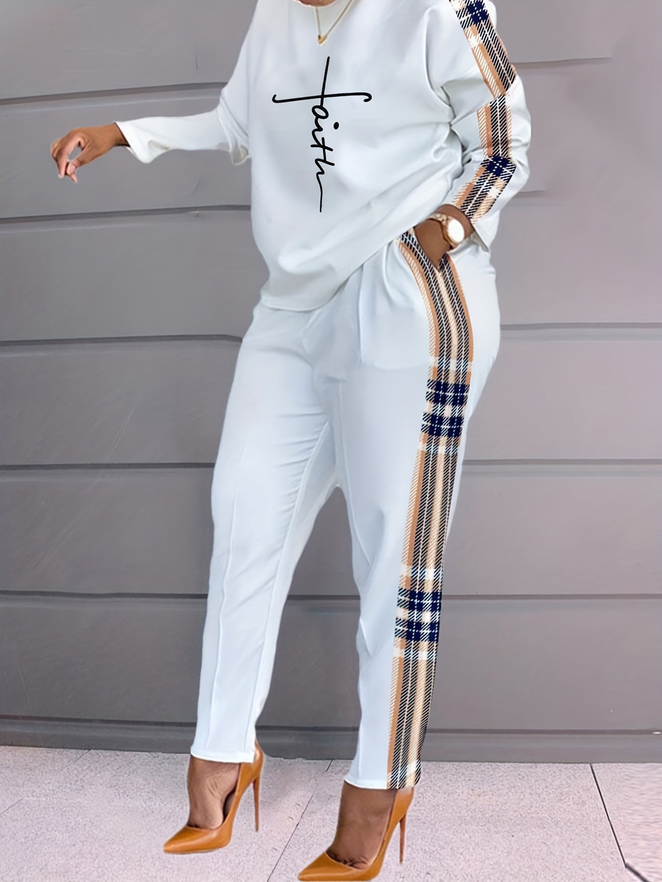 Trendy Two-Piece Plaid Panel Set - Long Sleeve Faith Print Tee with Slim Fit Elastic Waist Pants - Women's Casual Outfit for Daily Wear, Autumn and Winter Seasons