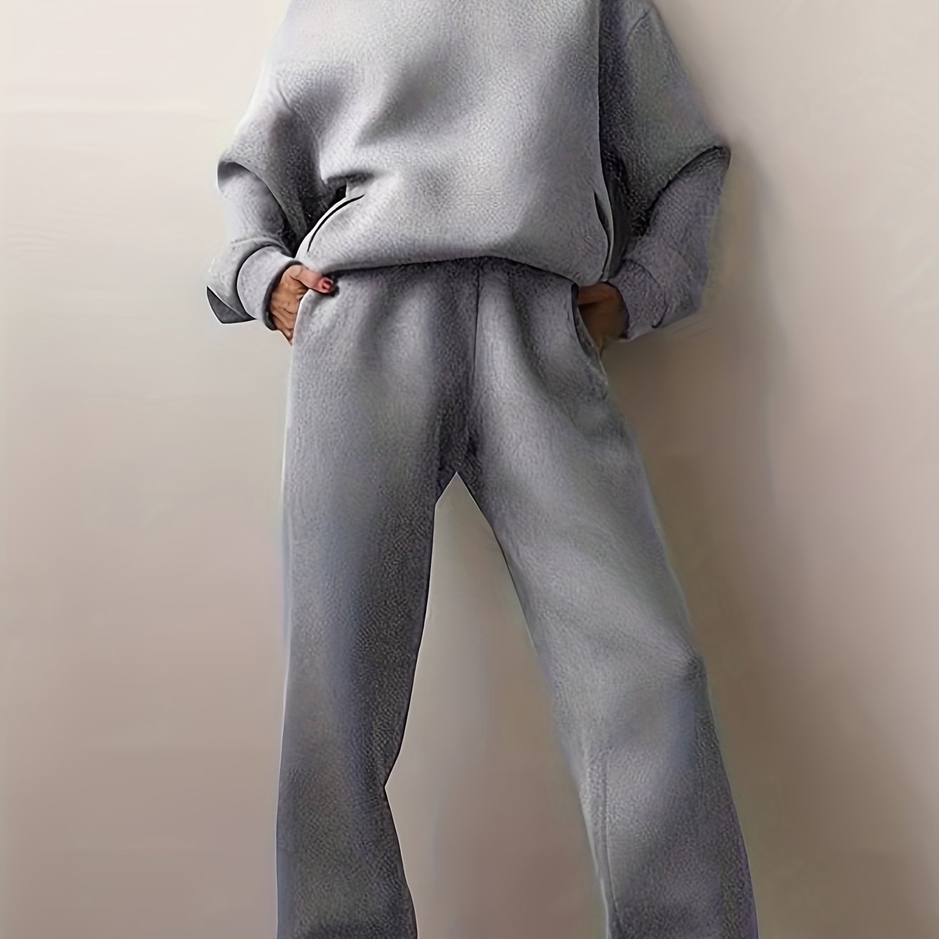 Two-Piece Hooded Set - Soft Polyester Knit Fabric, Drop Shoulder Long Sleeve Hoodie with Pocket, Elastic Waist Jogger Pants for Women, Casual Solid Color Outfit for Fall and Winter Seasons