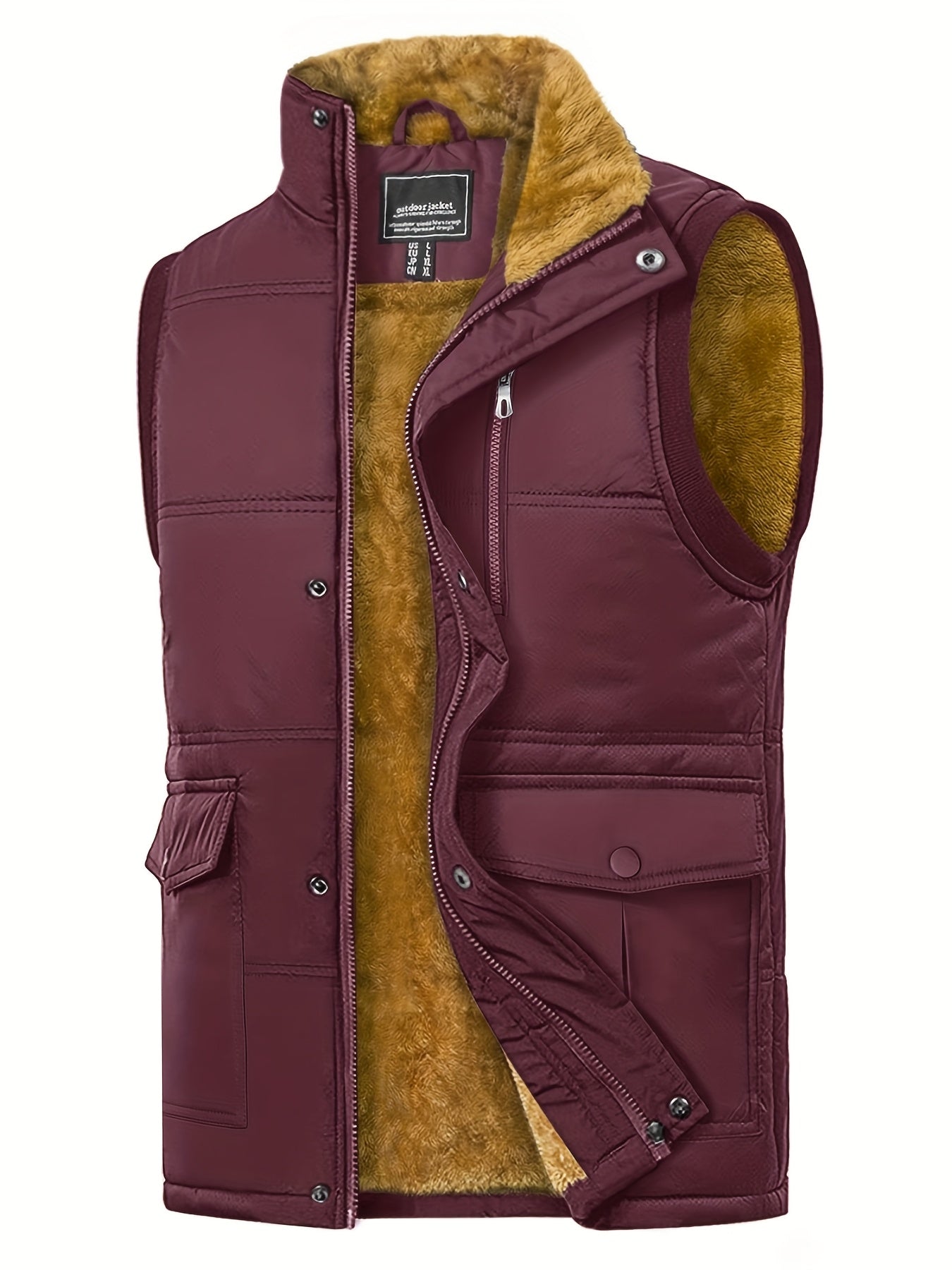 Men'S Windproof Vest with Fleece Lining - Soft, Warm, and, Multiple Pockets, Zippered Chest Pocket, Flap Button Side Pockets, One Inner Pocket, Windbreaker + Stand Collar Design for Outdoor Casual Wear, Winter Vest, H Stand C