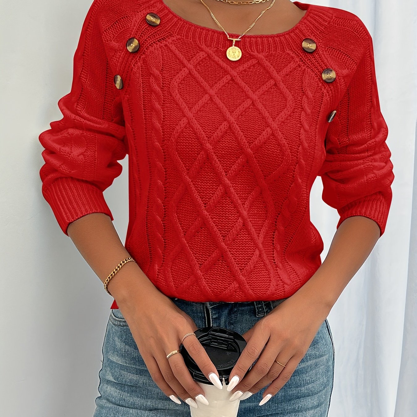[Cozy Sweater] Cozy Rich Red Women's Cable-Button-Front Sweater | Square Neck Lantern Sleeves Medium Stretch Top for Fall Winter Layering - Textured Knitwear, Comfortable Fit