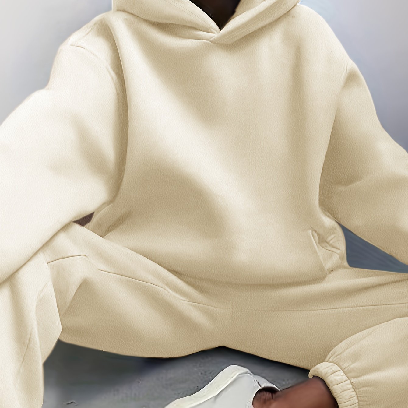 Two-Piece Hooded Set - Soft Polyester Knit Fabric, Drop Shoulder Long Sleeve Hoodie with Pocket, Elastic Waist Jogger Pants for Women, Casual Solid Color Outfit for Fall and Winter Seasons