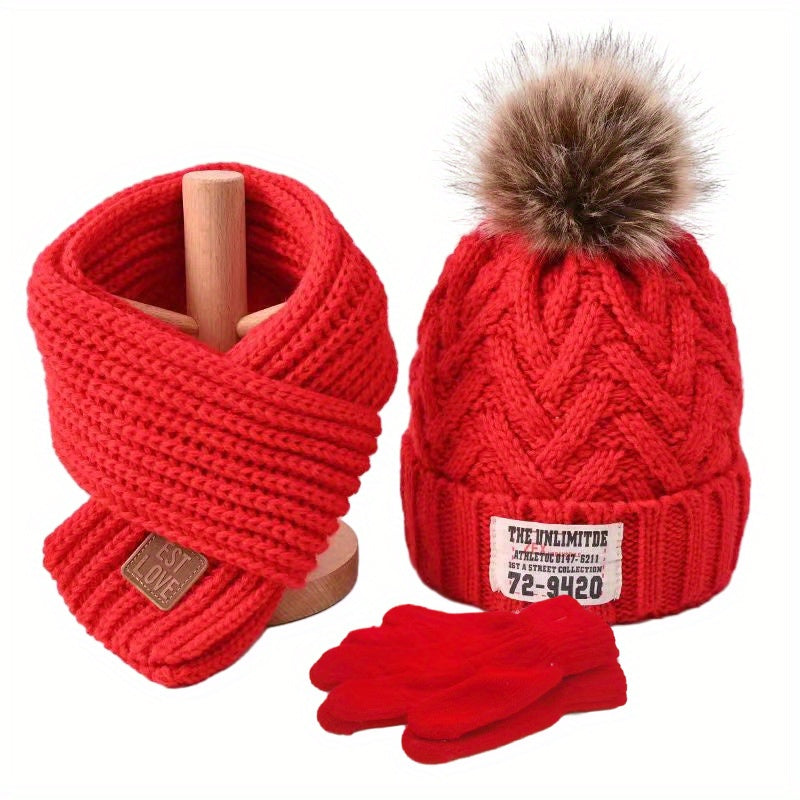 3pcs set of Youngsters's knitted beanie, scarf and gloves with extra fleece for warmth, suitable for autumn and winter seasons