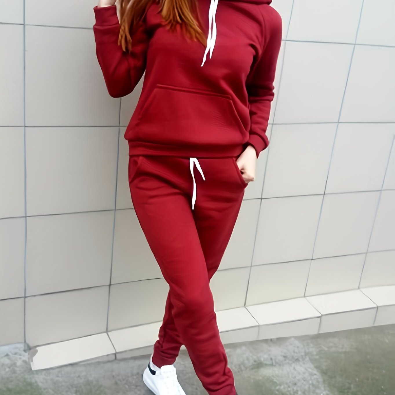 Trendy Solid Womens Two-Piece Set - Comfy Hoodie with Kangaroo Pockets & Drawstring Pants Outfit - Casual, Stylish, Versatile Wardrobe Essential