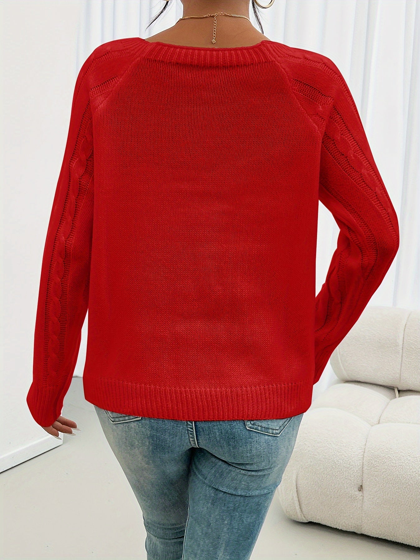 [Cozy Sweater] Cozy Rich Red Women's Cable-Button-Front Sweater | Square Neck Lantern Sleeves Medium Stretch Top for Fall Winter Layering - Textured Knitwear, Comfortable Fit