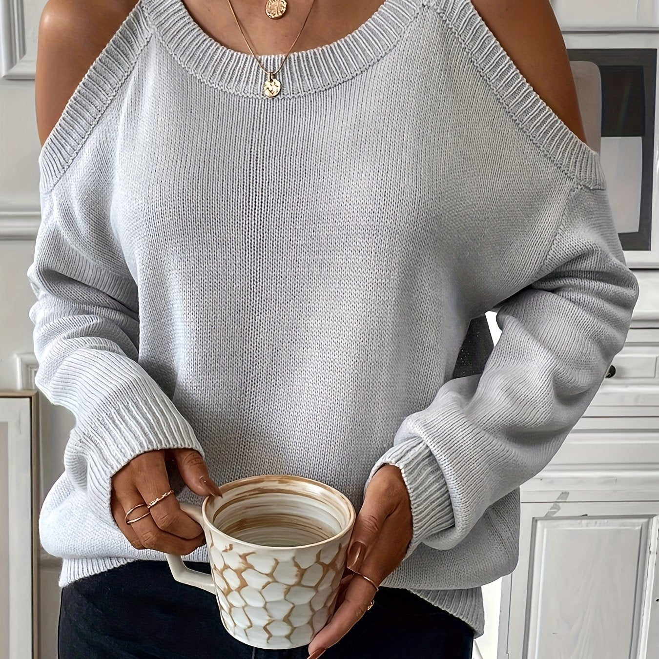 1pc Women'S Knit Pullover Sweater, Round Neck, Shoulder Detail, Solid Color, Acrylic Blend, 277g/m² Fabric Weight, for Autumn/Winter Season