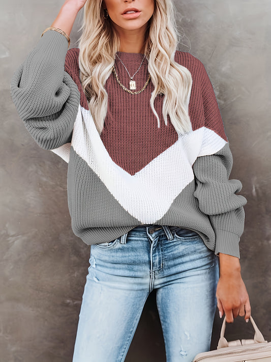 Vibrant Color Block Crew Neck Pullover Sweater - Soft, Cozy, and Casual Long Sleeve Sweater for Fall and Winter - Women's Clothing, Perfect for Daily Wear, Outdoor Activities, and Layering Under Jackets