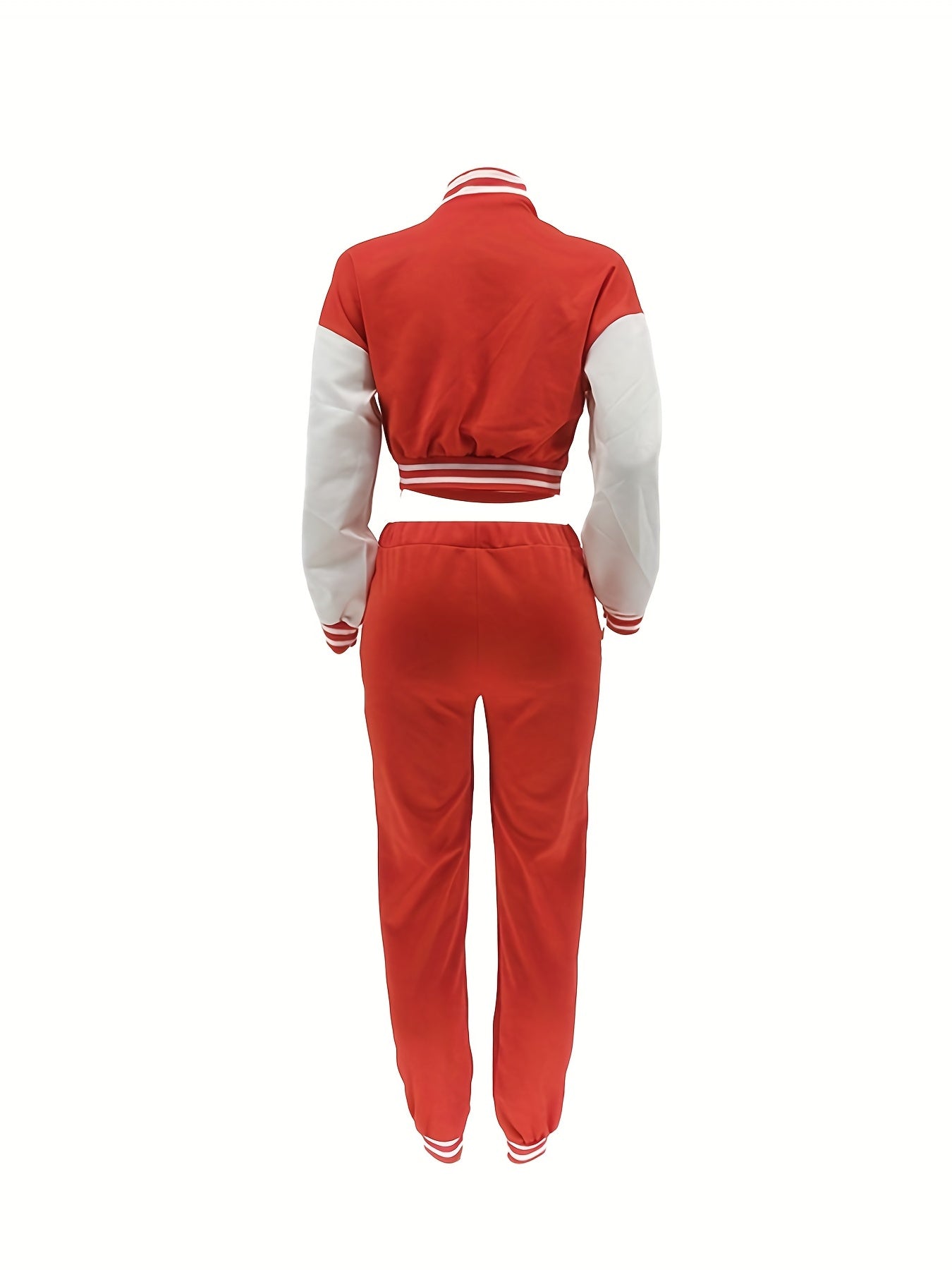 Chic, Women's Casual Letter Print Baseball Jacket and Pants Set - Red and White, Polyester Blend, Machine Washable, Fall/Winter Fashion Ensemble