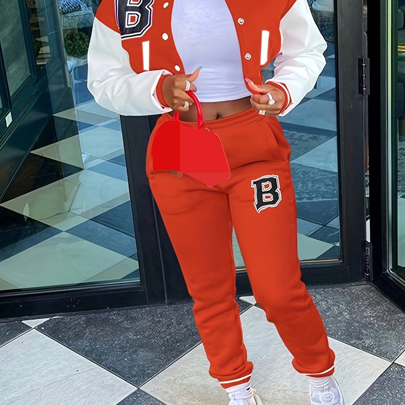 Chic, Women's Casual Letter Print Baseball Jacket and Pants Set - Red and White, Polyester Blend, Machine Washable, Fall/Winter Fashion Ensemble