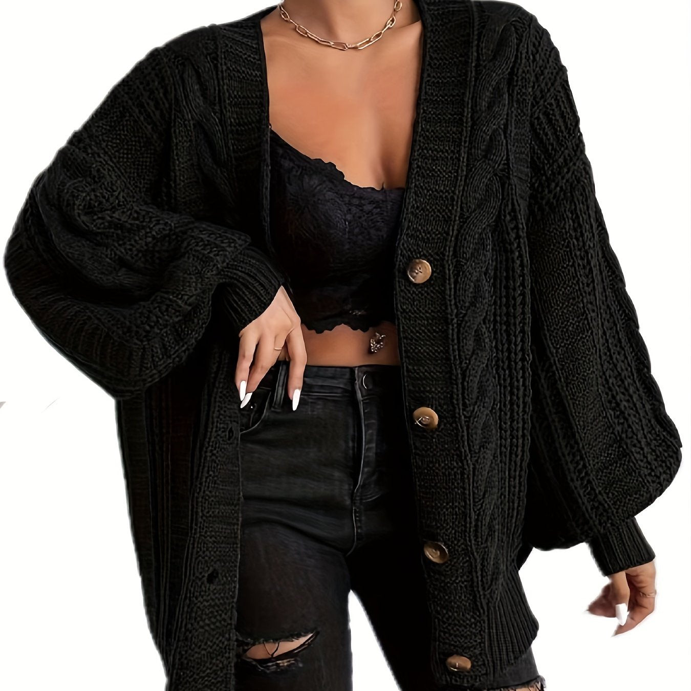 [Long Solid Color French Cardigan] Women'S Casual French Style Solid Color Knit Cardigan, Polyester 100%, Deep V Neck, Long Length, Loose Fit, Button Front, Fall/Winter Knit Fabric Outerwear