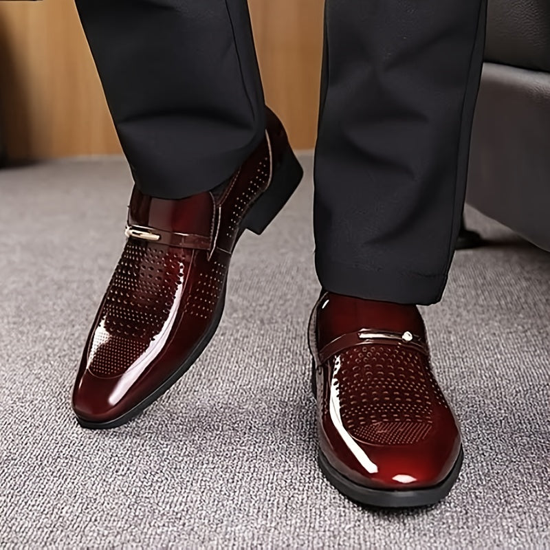 Formal Footwear| Men's Elegant Burgundy Slip-On Dress Shoes - Breathable Hollow Out Design, Comfortable PU Interior, Soft Rubber Sole for Business Meetings & Social Events