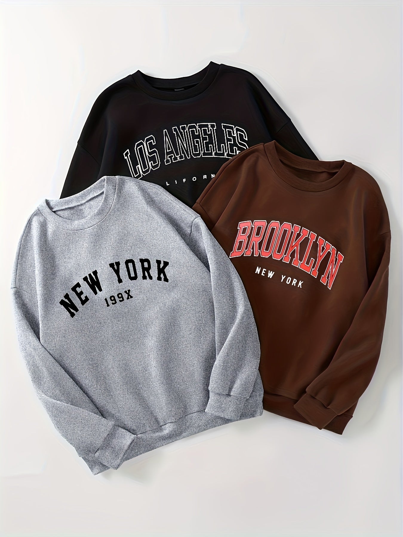 3 Packs Letter Print Pullover Sweatshirt, Casual Long Sleeve Crew Neck Sweatshirt For Fall & Winter, Women's Clothing