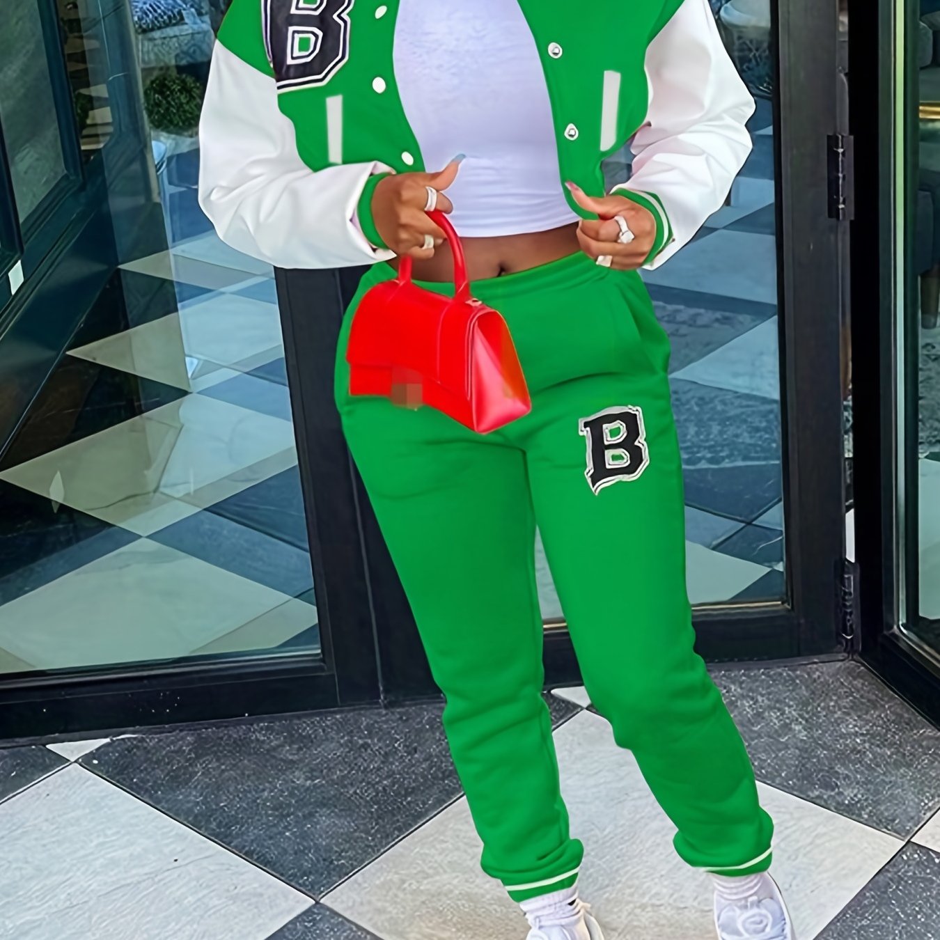 Chic, Women's Casual Letter Print Baseball Jacket and Pants Set - Red and White, Polyester Blend, Machine Washable, Fall/Winter Fashion Ensemble