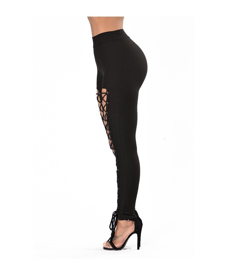 Sexy Cross-Strap High-Waist Leggings with Eyelet Detail, Stretch Polyester Blend, Solid Color Cropped Pants for Women - Perfect for Fall/Spring