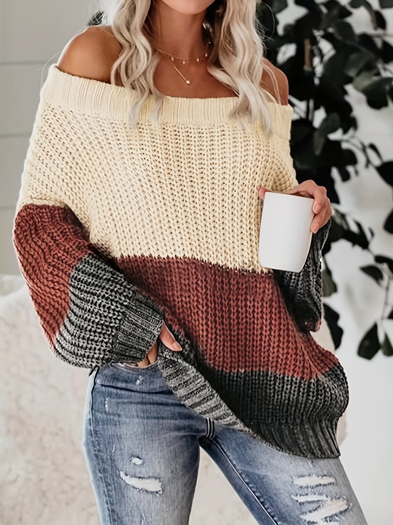 Fall/Winter Chic: Off-Shoulder Color Block Knit Sweater - Casual, Comfy, and Stylish Long Sleeve Top