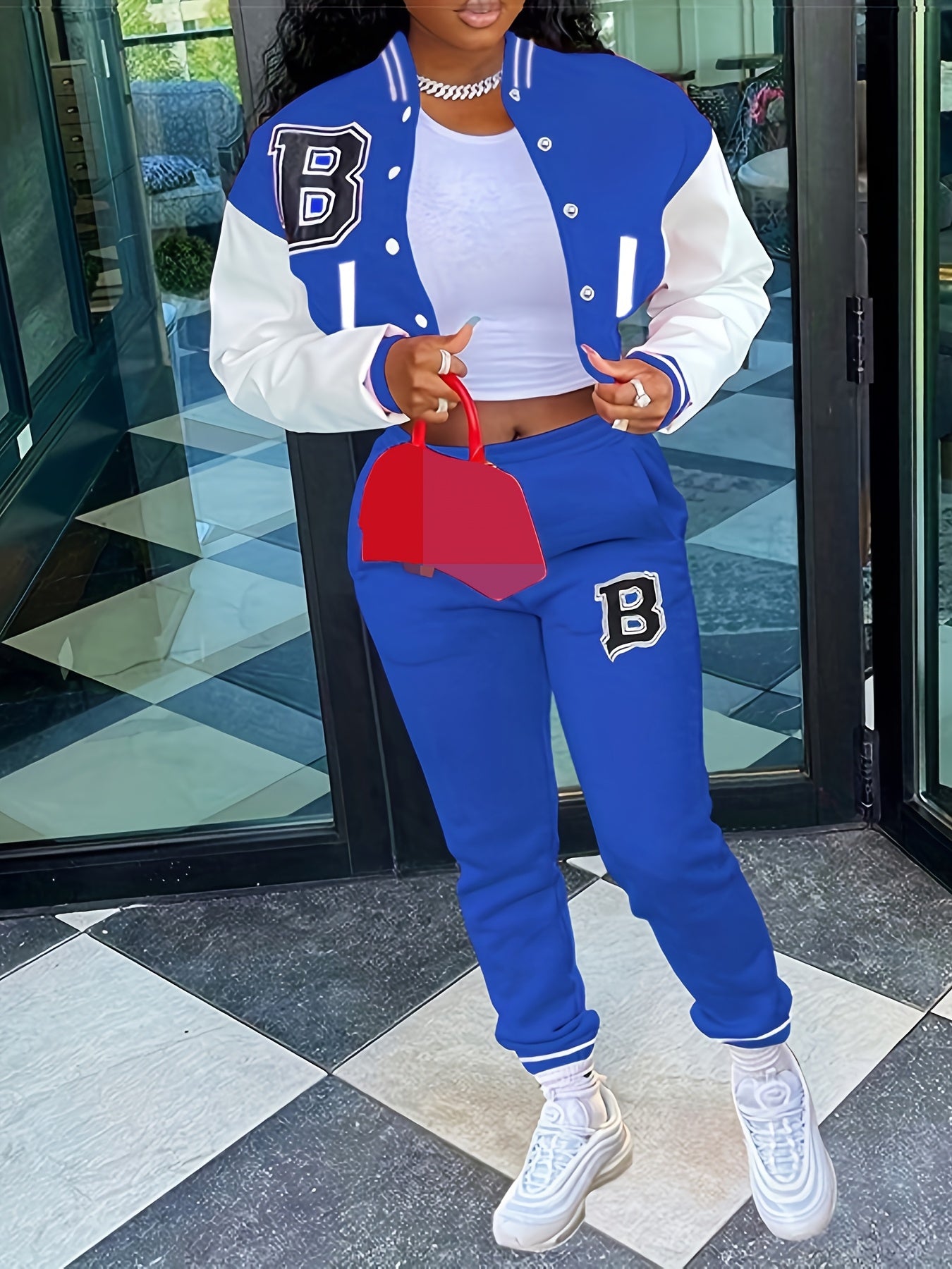 Chic, Women's Casual Letter Print Baseball Jacket and Pants Set - Red and White, Polyester Blend, Machine Washable, Fall/Winter Fashion Ensemble