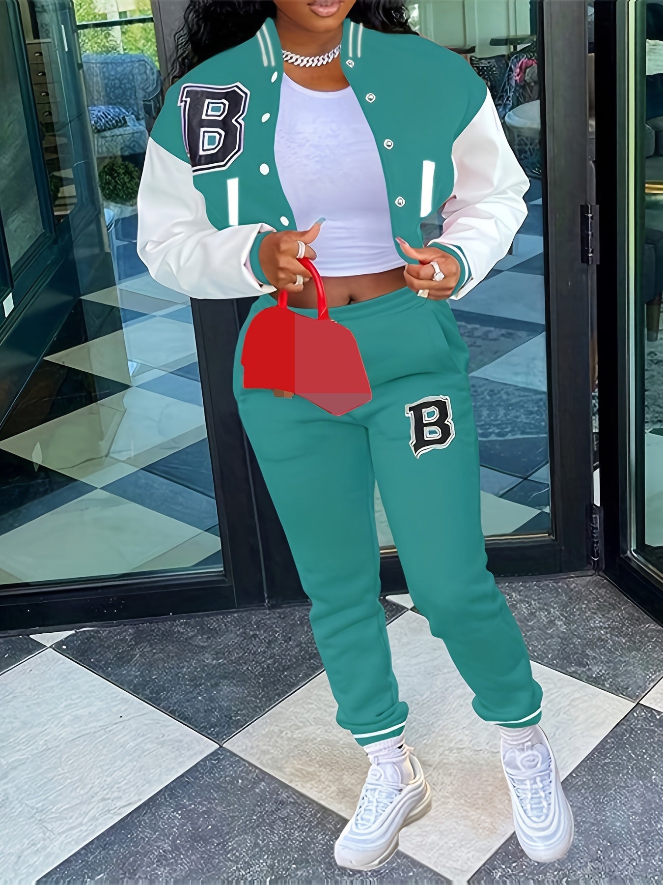 Chic, Women's Casual Letter Print Baseball Jacket and Pants Set - Red and White, Polyester Blend, Machine Washable, Fall/Winter Fashion Ensemble