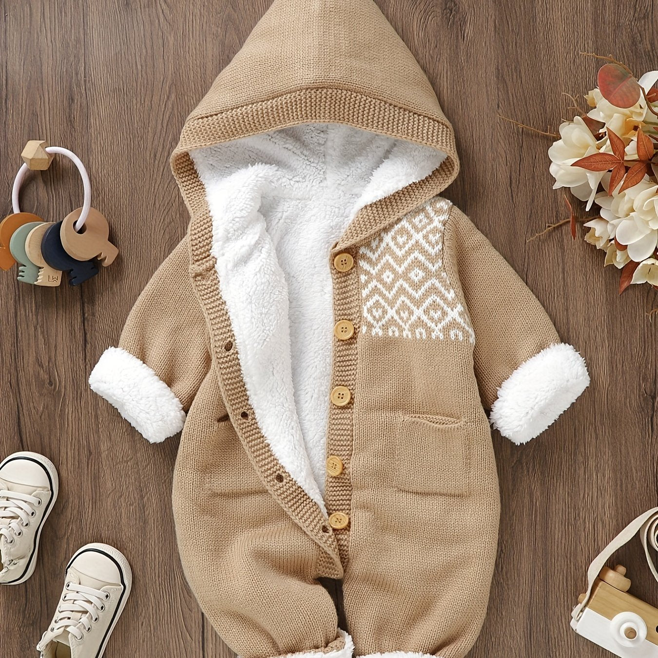 Long Sleeve Newborn Knitted Jumpsuit with Hooded Pants for Boys and Girls