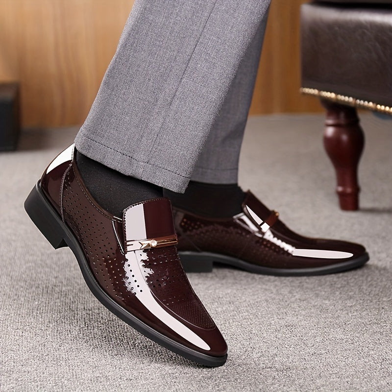 Formal Footwear| Men's Elegant Burgundy Slip-On Dress Shoes - Breathable Hollow Out Design, Comfortable PU Interior, Soft Rubber Sole for Business Meetings & Social Events