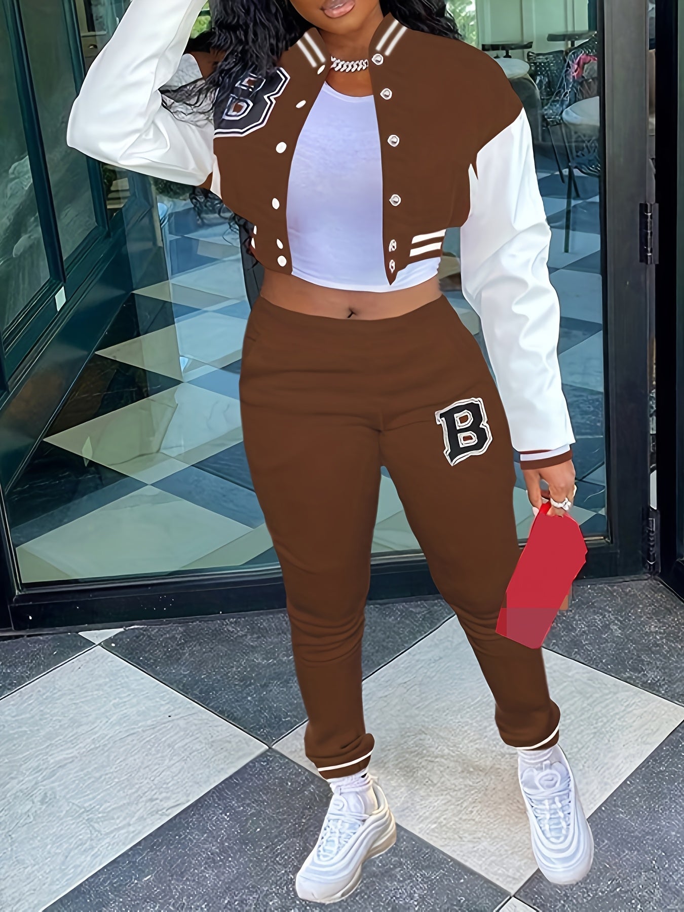 Chic, Women's Casual Letter Print Baseball Jacket and Pants Set - Red and White, Polyester Blend, Machine Washable, Fall/Winter Fashion Ensemble