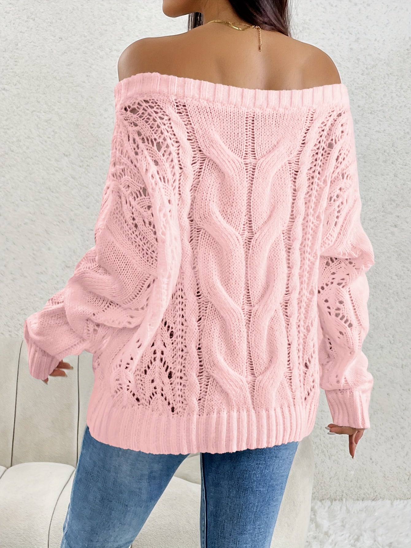 Elegant Off-Shoulder Cable Knit Sweater - Chic Long Sleeve, Loose Fit in Pink, Semi-Sheer Polyester - Perfect for Fall/Winter