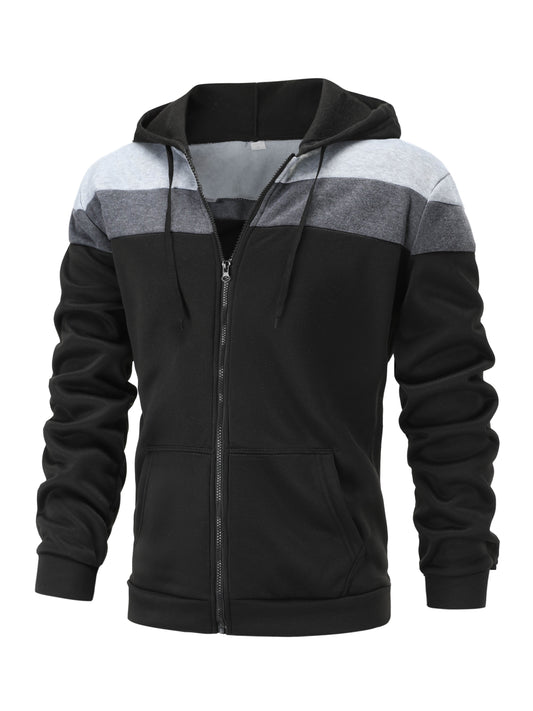 Men'S Casual Hooded Sweatshirt, Solid Color Zip-Up Pullover, Long Sleeve Polyester Knit Fabric, Regular Fit with Slight Stretch, 160gsm - Autumn/Winter Fashion