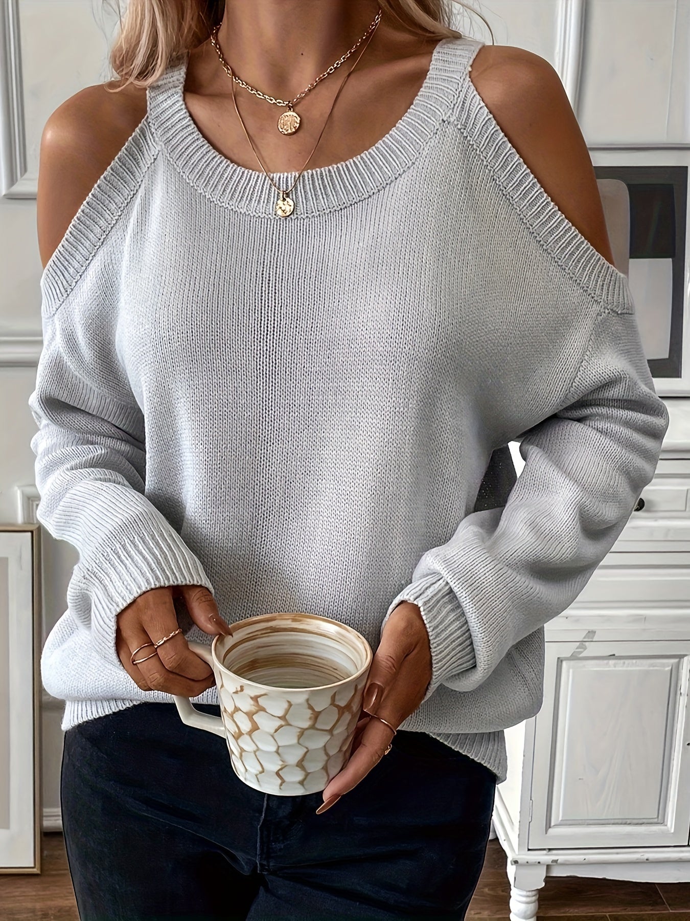 1pc Women'S Knit Pullover Sweater, Round Neck, Shoulder Detail, Solid Color, Acrylic Blend, 277g/m² Fabric Weight, for Autumn/Winter Season