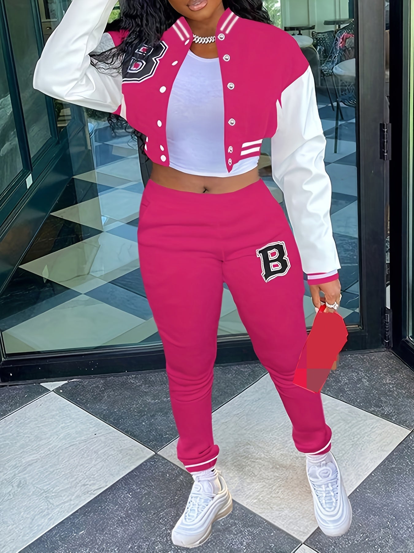 Chic, Women's Casual Letter Print Baseball Jacket and Pants Set - Red and White, Polyester Blend, Machine Washable, Fall/Winter Fashion Ensemble
