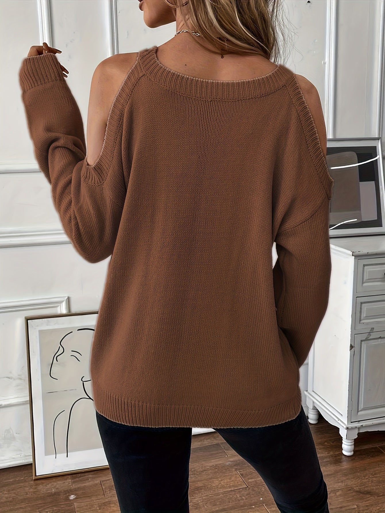 1pc Women'S Knit Pullover Sweater, Round Neck, Shoulder Detail, Solid Color, Acrylic Blend, 277g/m² Fabric Weight, for Autumn/Winter Season