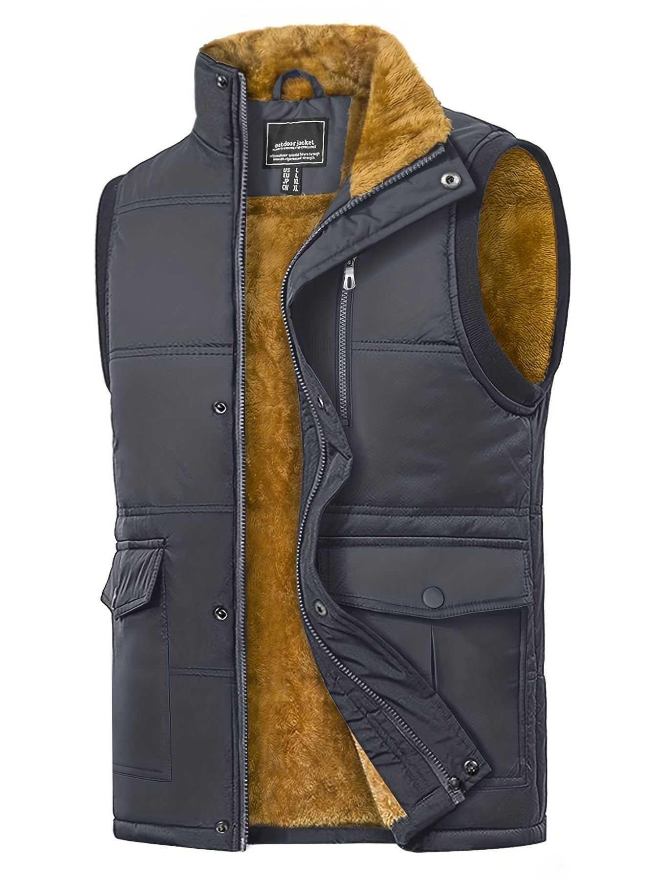 Men'S Windproof Vest with Fleece Lining - Soft, Warm, and, Multiple Pockets, Zippered Chest Pocket, Flap Button Side Pockets, One Inner Pocket, Windbreaker + Stand Collar Design for Outdoor Casual Wear, Winter Vest, H Stand C