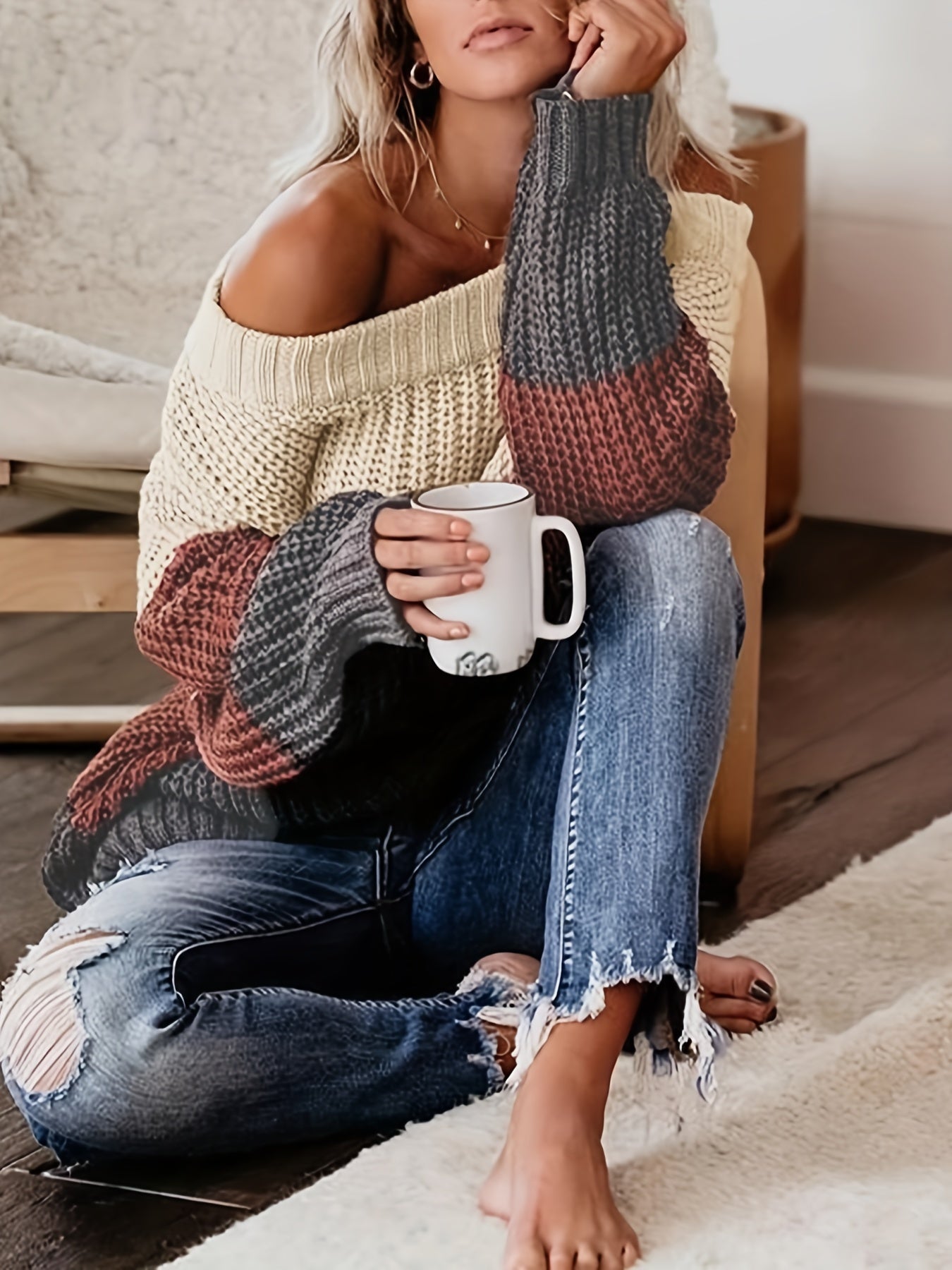 Fall/Winter Chic: Off-Shoulder Color Block Knit Sweater - Casual, Comfy, and Stylish Long Sleeve Top