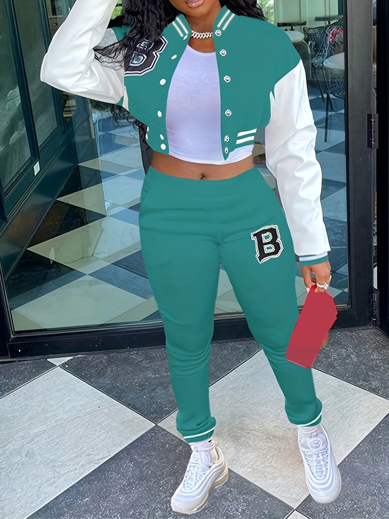 Chic, Women's Casual Letter Print Baseball Jacket and Pants Set - Red and White, Polyester Blend, Machine Washable, Fall/Winter Fashion Ensemble