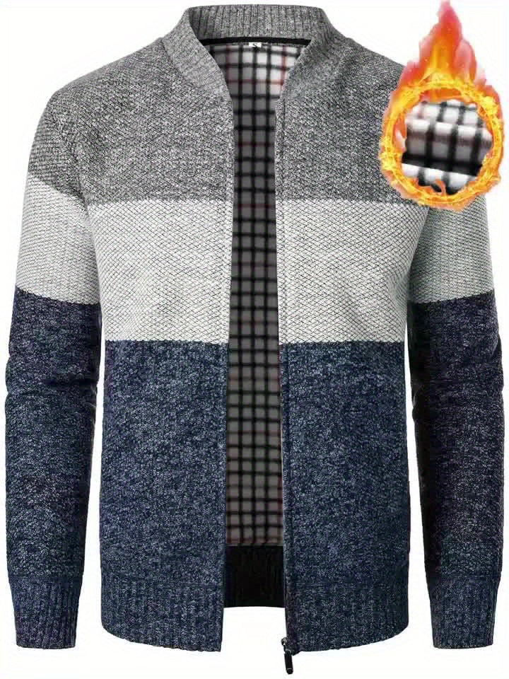 Men'S Casual High Neck Fleece Jacket, Color Block Knit Polyester Cardigan, Mid Stretch Zip-Up Fall/Winter Outerwear, Regular Fit with Placket Closure, Thick