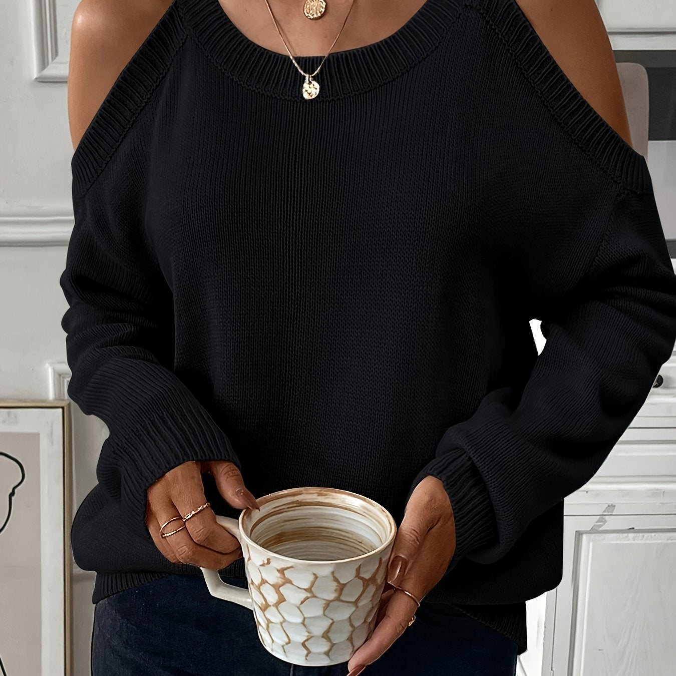 1pc Women'S Knit Pullover Sweater, Round Neck, Shoulder Detail, Solid Color, Acrylic Blend, 277g/m² Fabric Weight, for Autumn/Winter Season