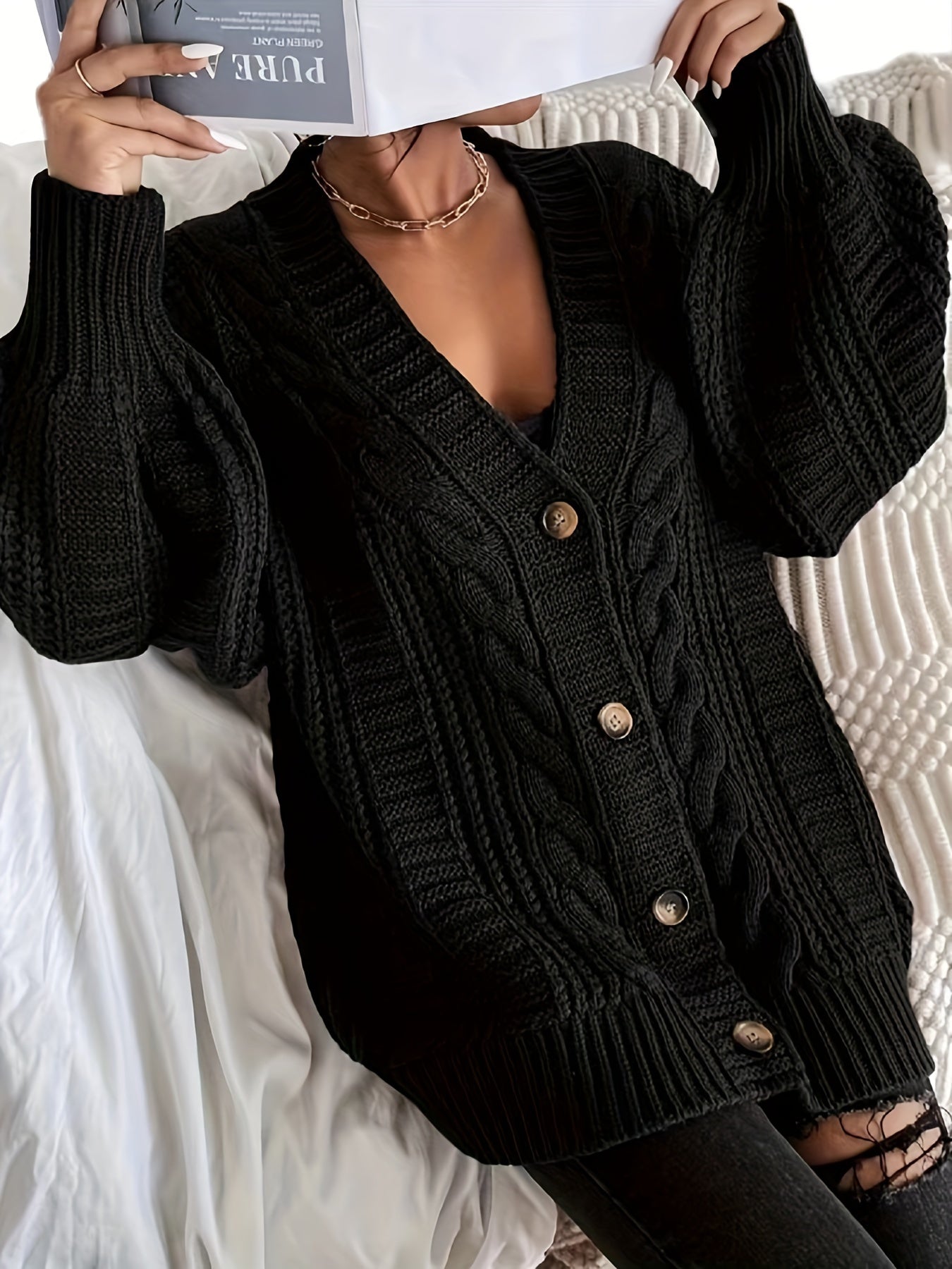 [Long Solid Color French Cardigan] Women'S Casual French Style Solid Color Knit Cardigan, Polyester 100%, Deep V Neck, Long Length, Loose Fit, Button Front, Fall/Winter Knit Fabric Outerwear