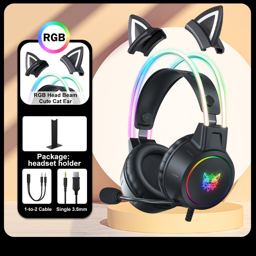 ONIKUMA X15pro, Wired Gaming Headset With Detachable Cat Ears, RGB, Removable Mic, Compatible With PC Mobile, Over-Ear Luminous Wired Gaming Headset