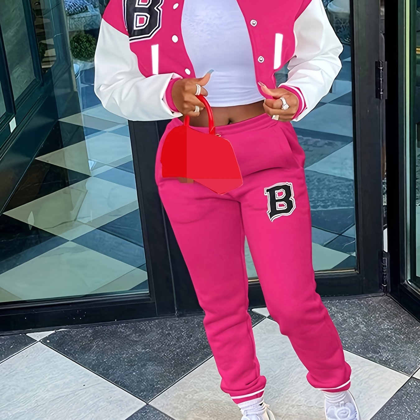 Chic, Women's Casual Letter Print Baseball Jacket and Pants Set - Red and White, Polyester Blend, Machine Washable, Fall/Winter Fashion Ensemble