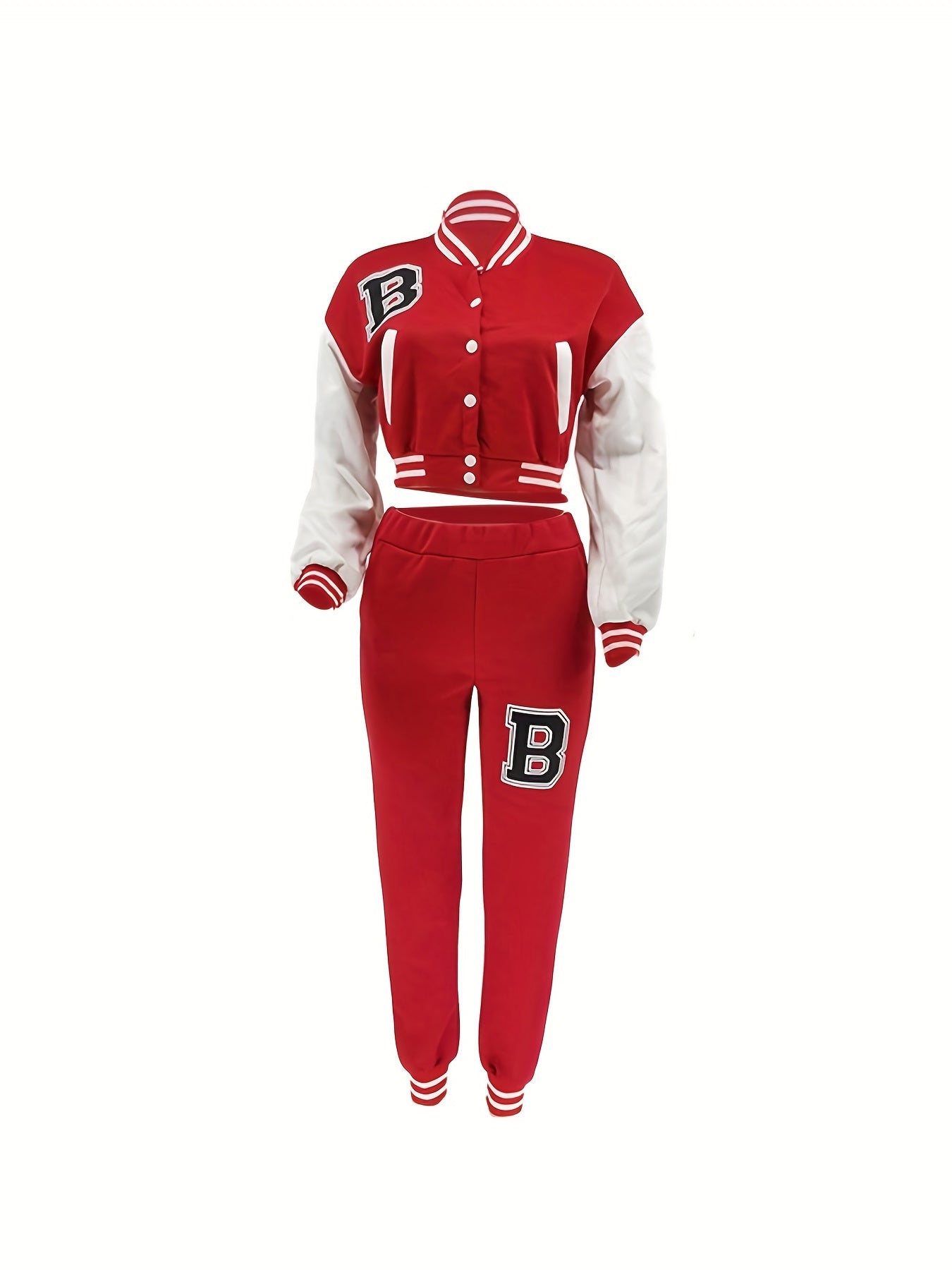 Chic, Women's Casual Letter Print Baseball Jacket and Pants Set - Red and White, Polyester Blend, Machine Washable, Fall/Winter Fashion Ensemble